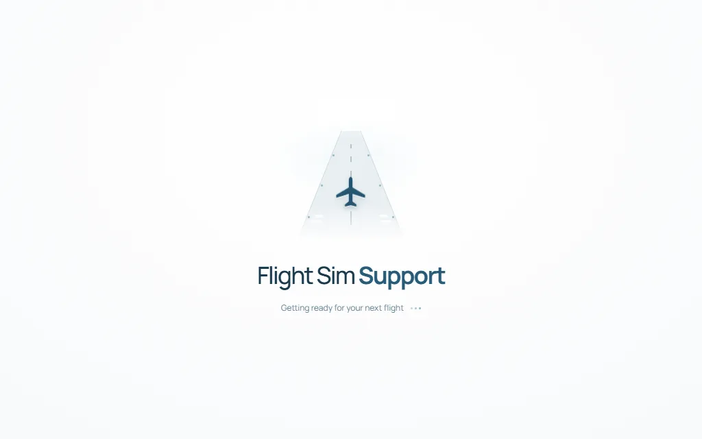 Flight Sim Support redesign: the runway loader, a plane on a drawn runway above the wordmark and the line Getting ready for your next flight.