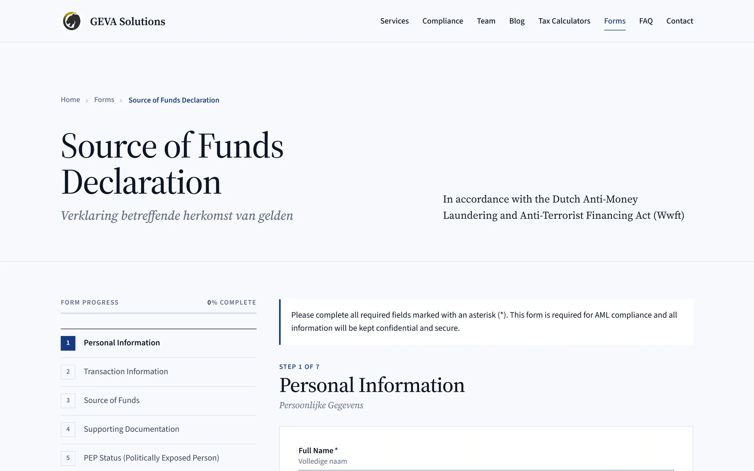 The GEVA Solutions source-of-funds declaration: English and Dutch headings, seven steps listed down the side, step one open.