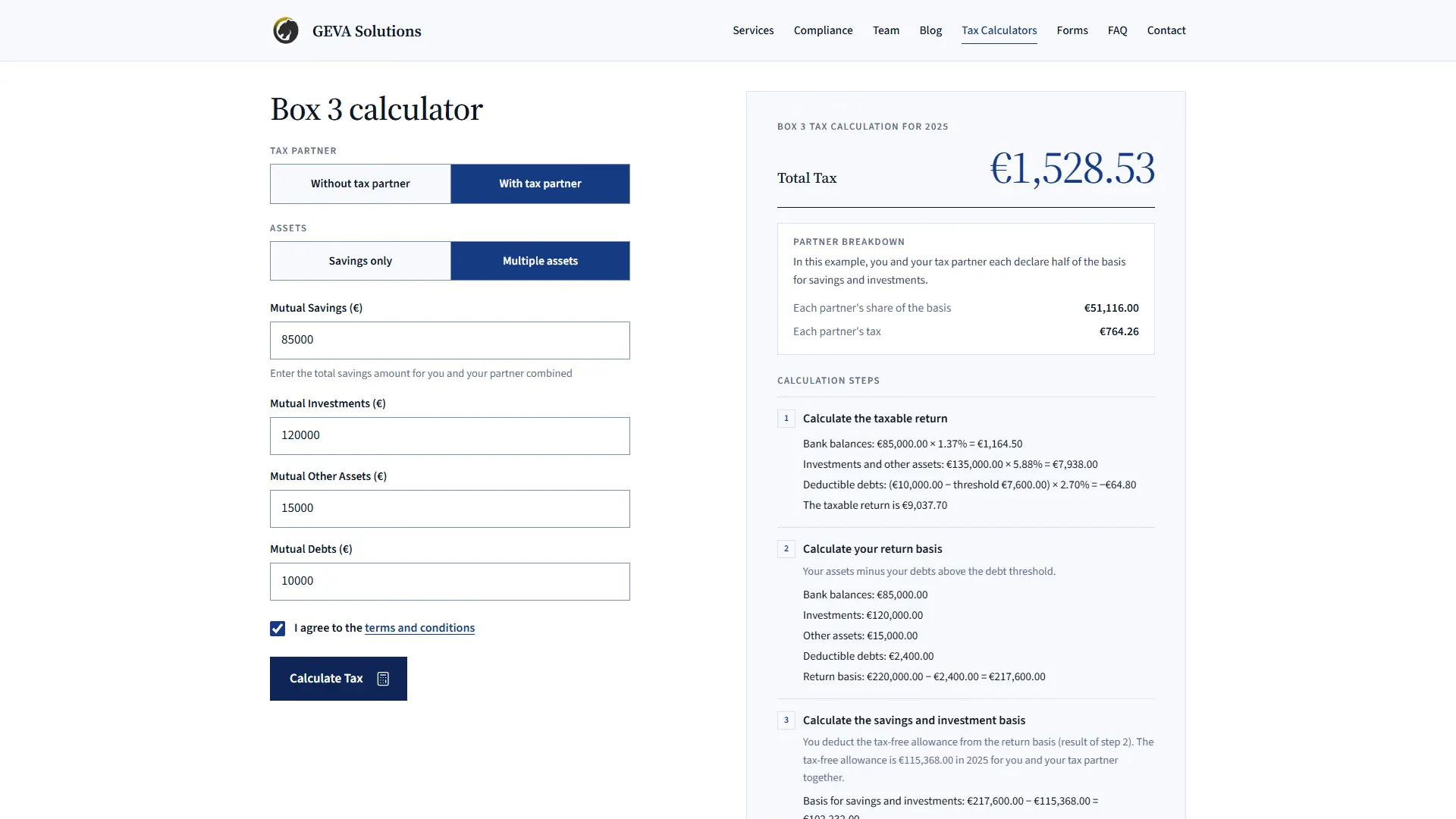 GEVA Solutions Box 3 calculator with savings, investments and debts filled in and a total tax of 1,528.53 euros.