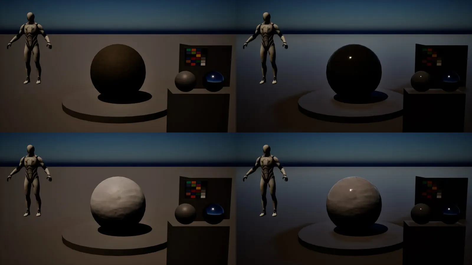 Look-dev grid: mannequins and material spheres on dry and wet ground.