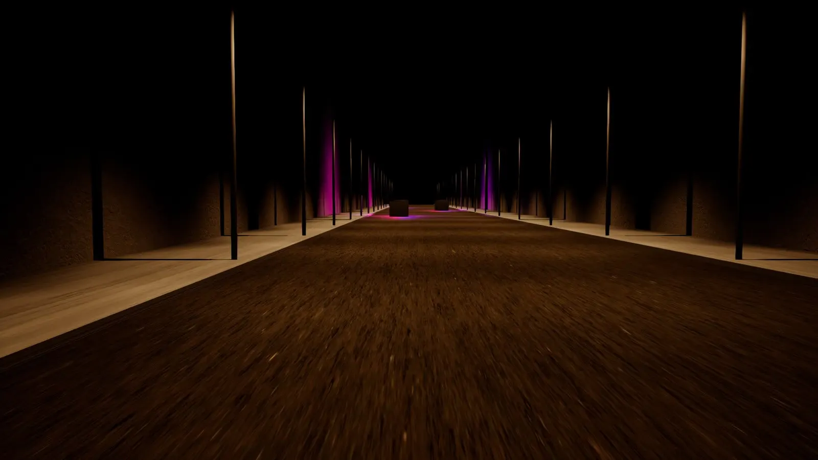 A long dark street with magenta and white light sources in a night lighting test.