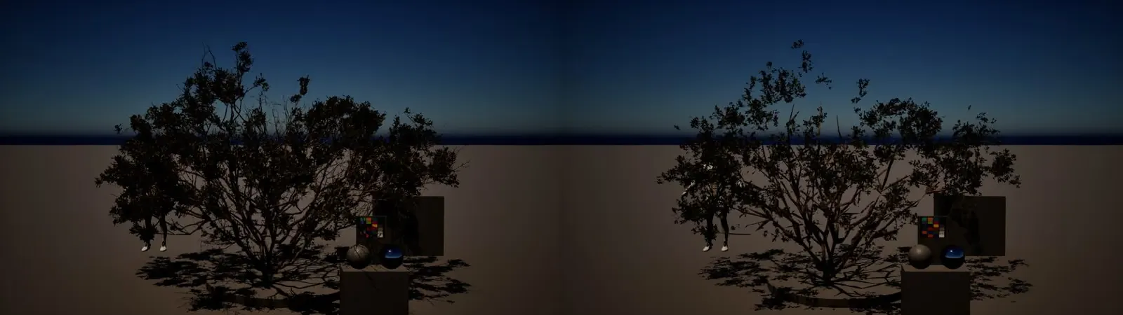 Side by side trees rendered with Nanite and with traditional levels of detail.