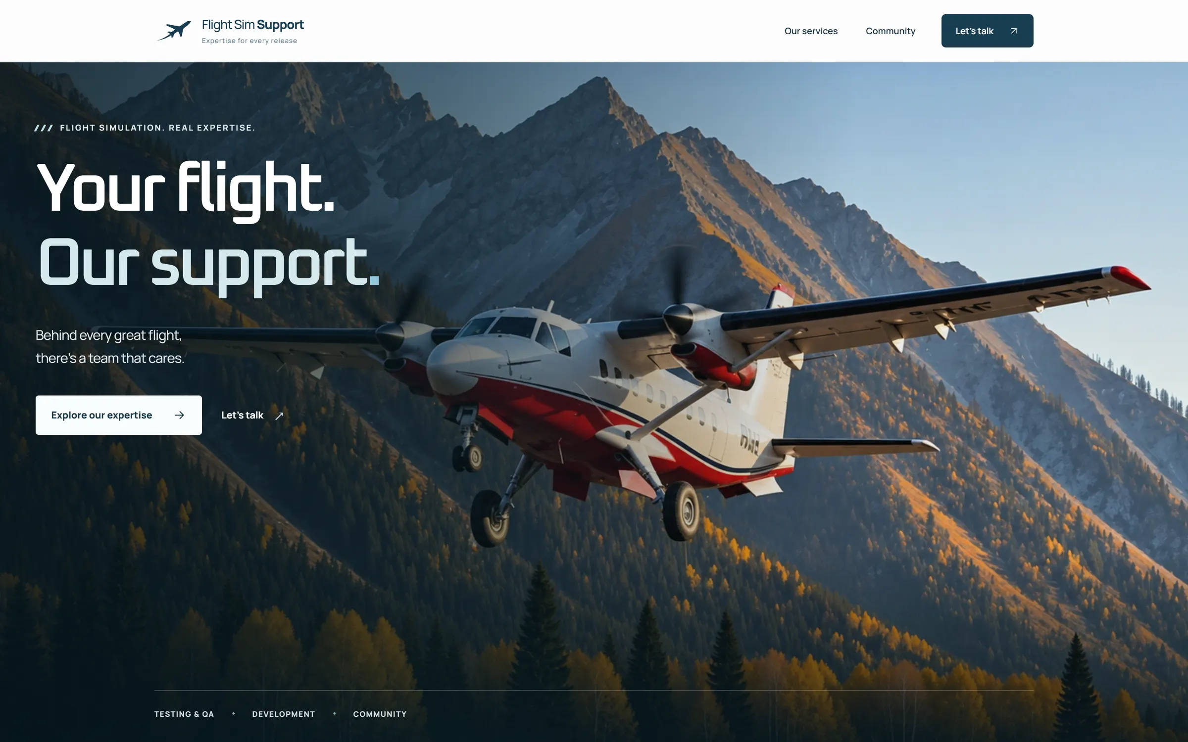 The redesign hero at rest: “Your flight. Our support.” beside a twin-turboprop climbing past alpine mountains.