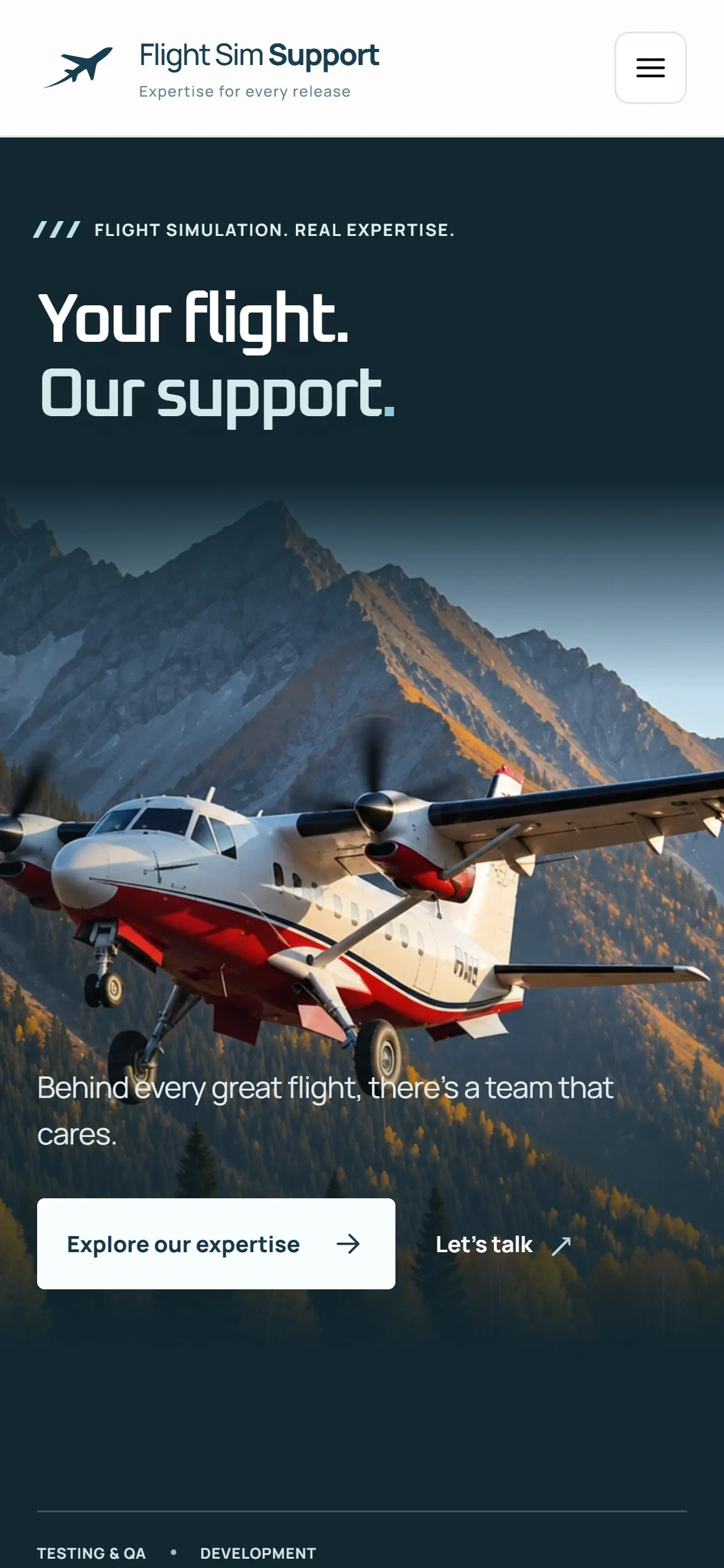 The redesign on a phone: the navy logo, the headline on dark navy, and the aircraft below it.