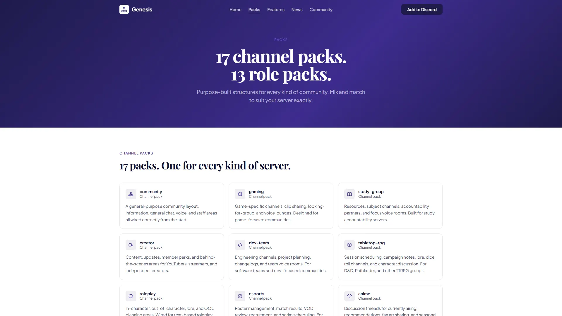The Genesis website listing 17 channel packs and 13 role packs for kinds of server.