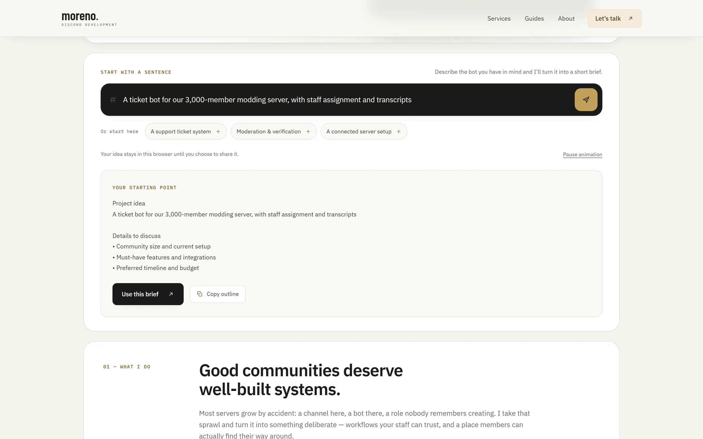 The brief builder after one sentence: an outline with details to discuss and a Use this brief button.
