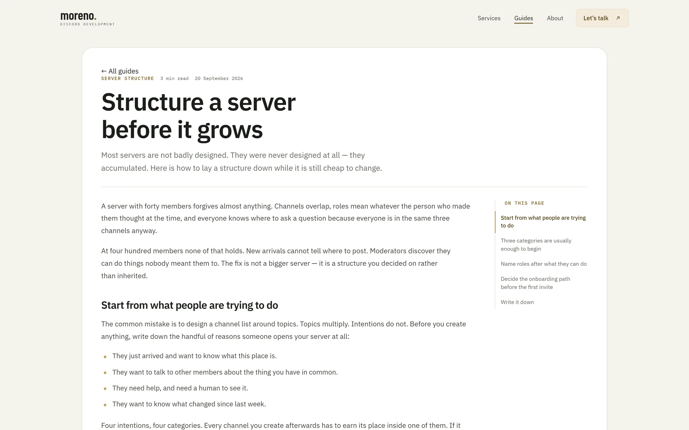 A guide page, “Structure a server before it grows”, with a sticky contents rail.