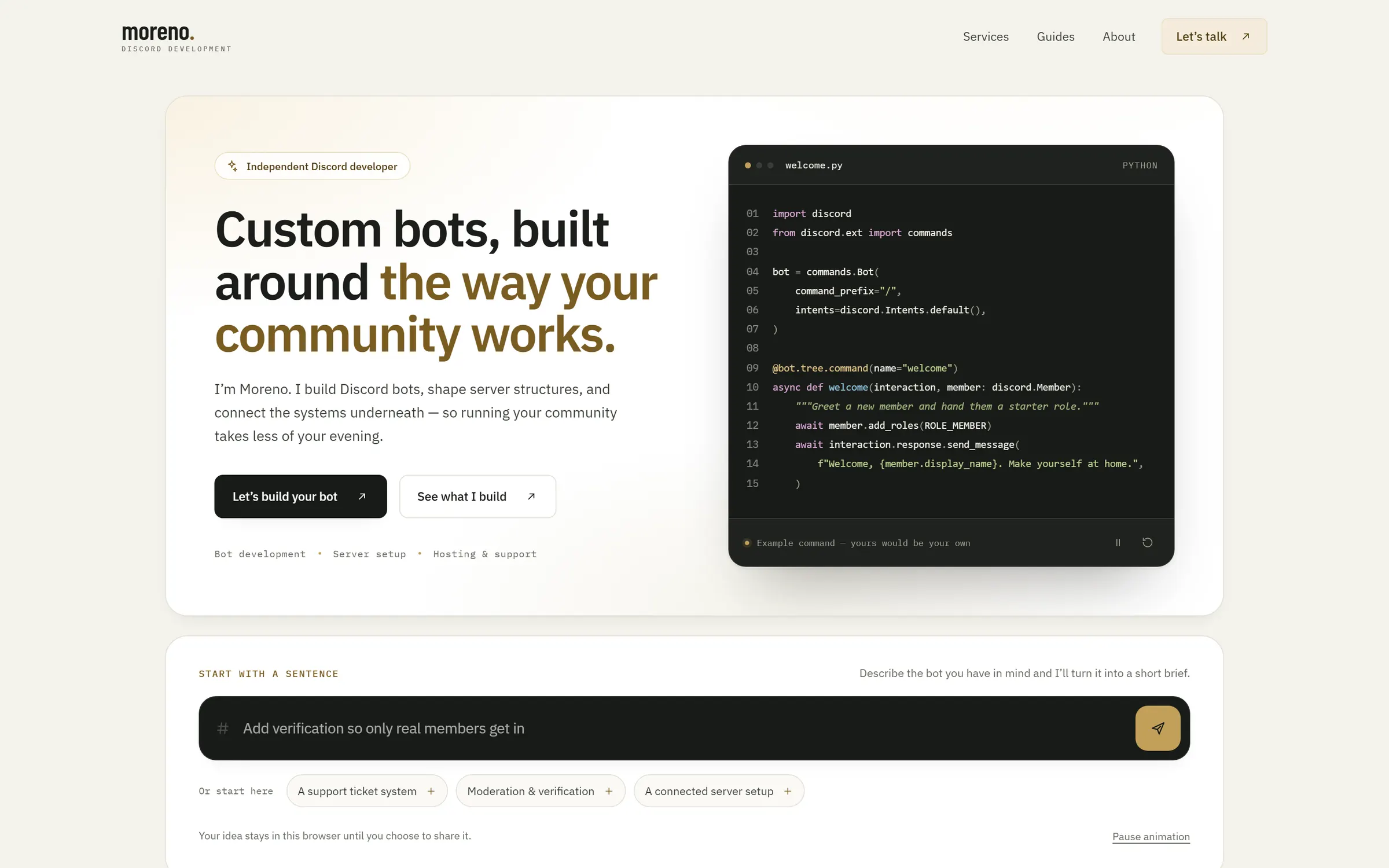 The finished hero: “Custom bots, built around the way your community works.” beside a complete welcome.py command.