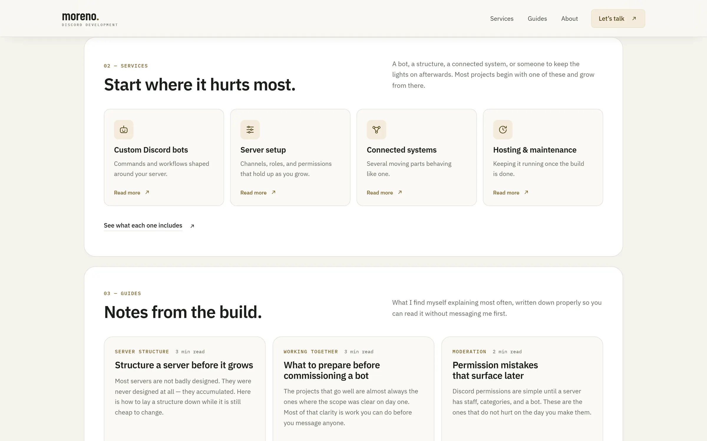 Start where it hurts most: custom bots, server setup, connected systems, hosting and maintenance.