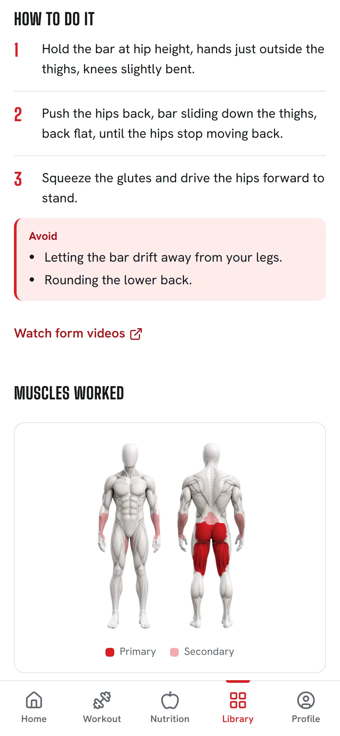 Muscles worked for the Romanian deadlift: front and back figures with hamstrings and glutes in red.