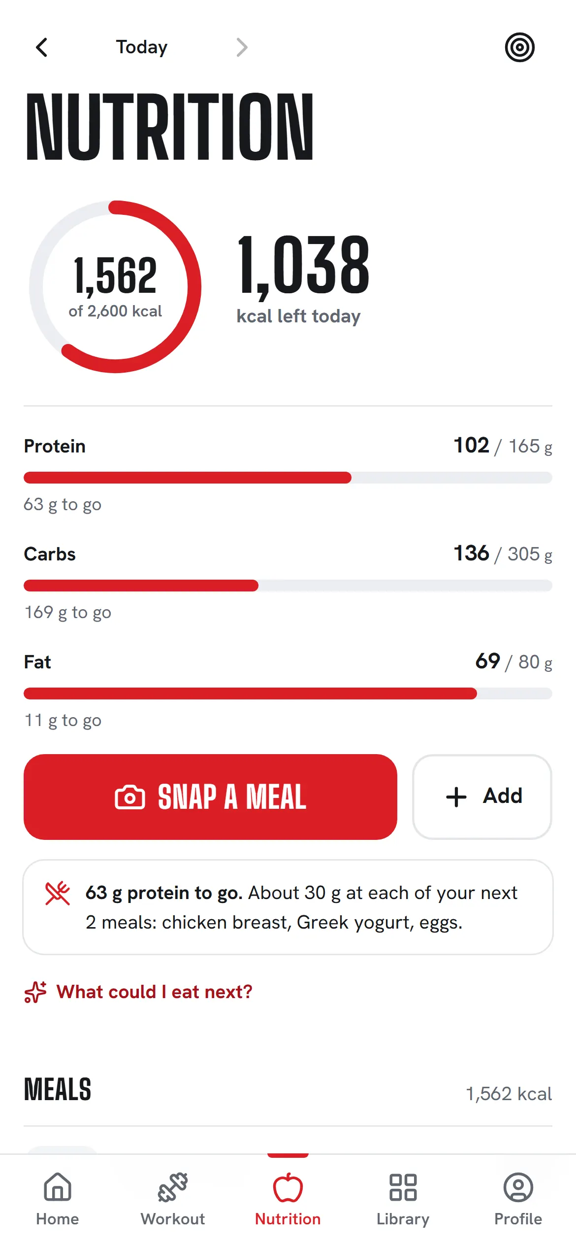 Koach Nutrition: a calorie ring at 1,562 of 2,600 kcal, macro bars and a Snap a meal button.