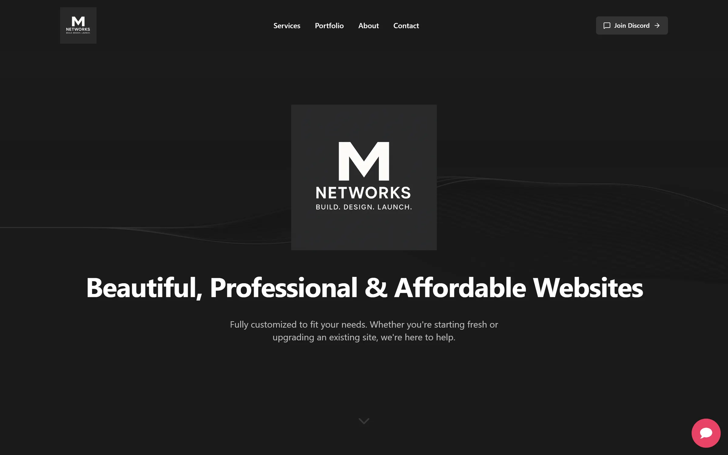 The live m-networks.net today: a dark page with the M Networks logo block and “Beautiful, Professional & Affordable Websites”.