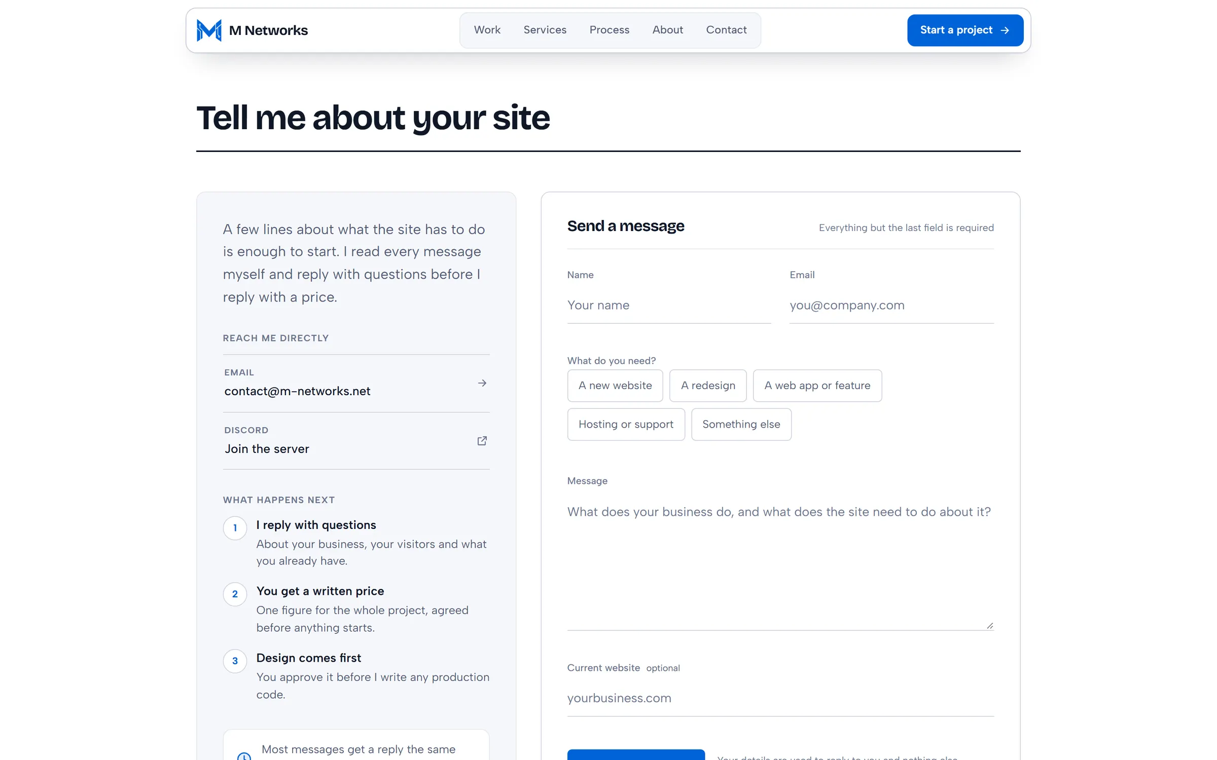 Tell me about your site: the contact section with email, Discord and project-type chips.