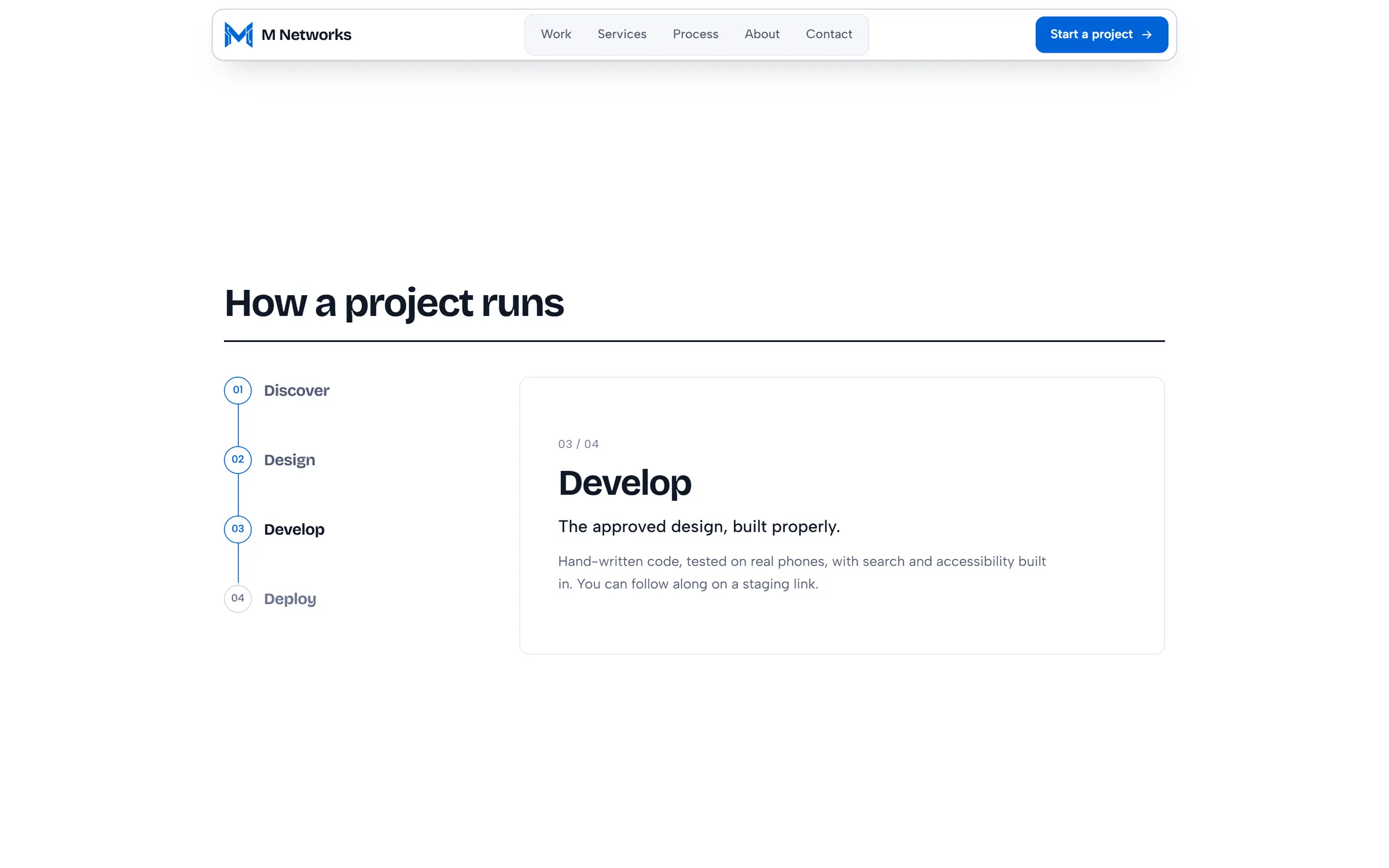 The pinned process scroller on step 3, Develop: “The approved design, built properly.”