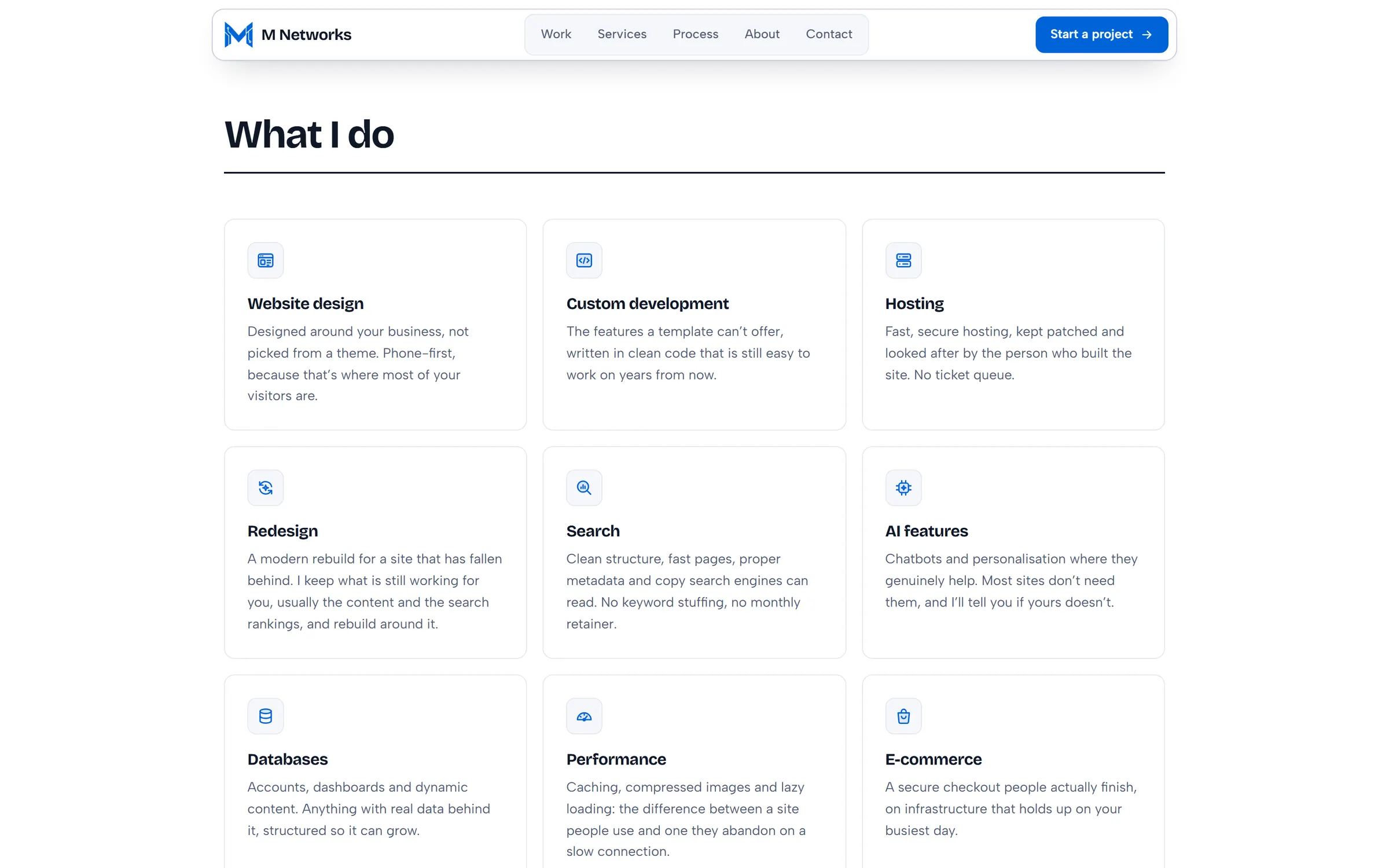 What I do: website design, custom development, hosting, redesign, search and more.