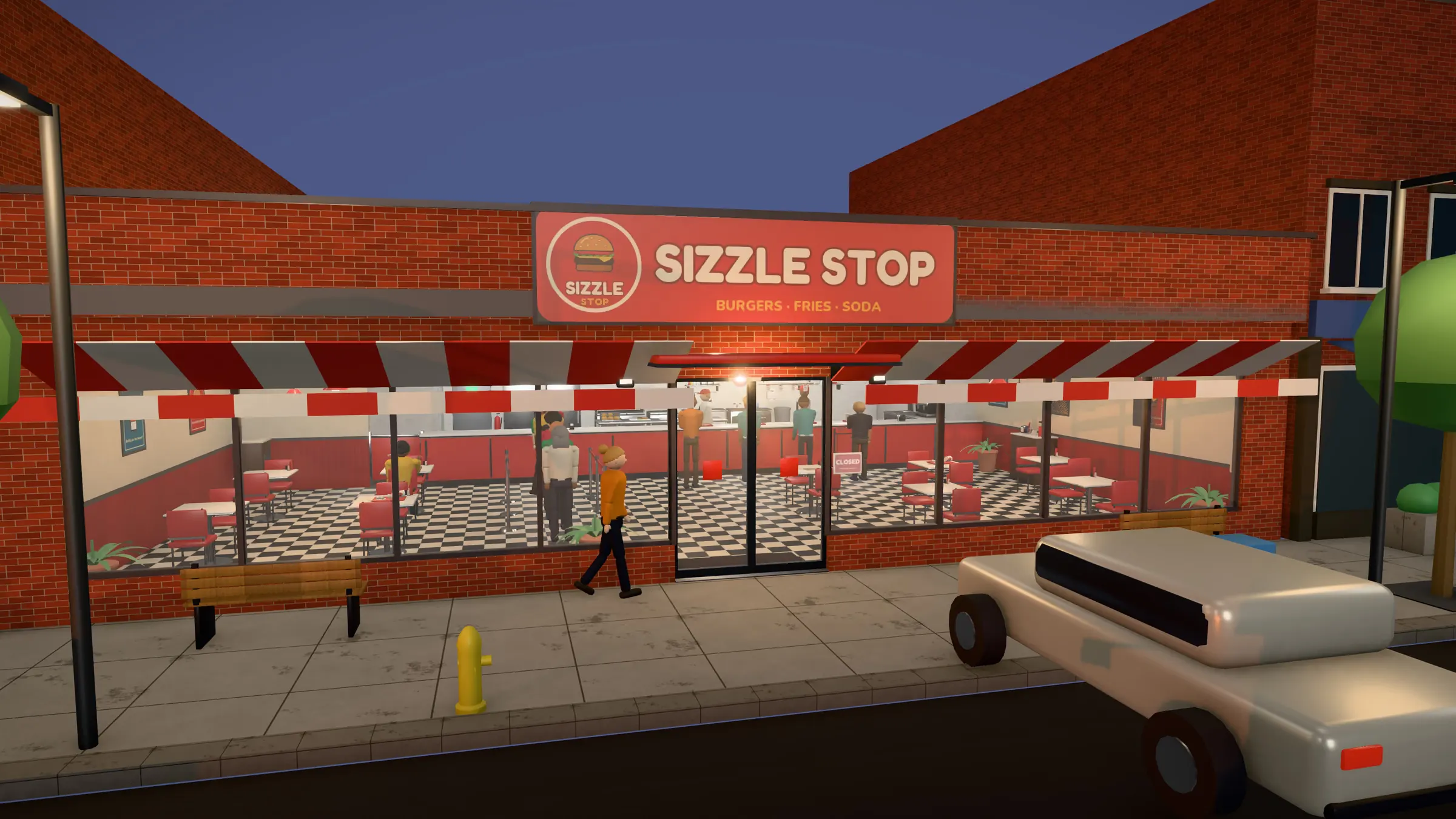 Sizzle Stop at dusk: a red-brick storefront with a lit sign, guests on the sidewalk, street lamps on.