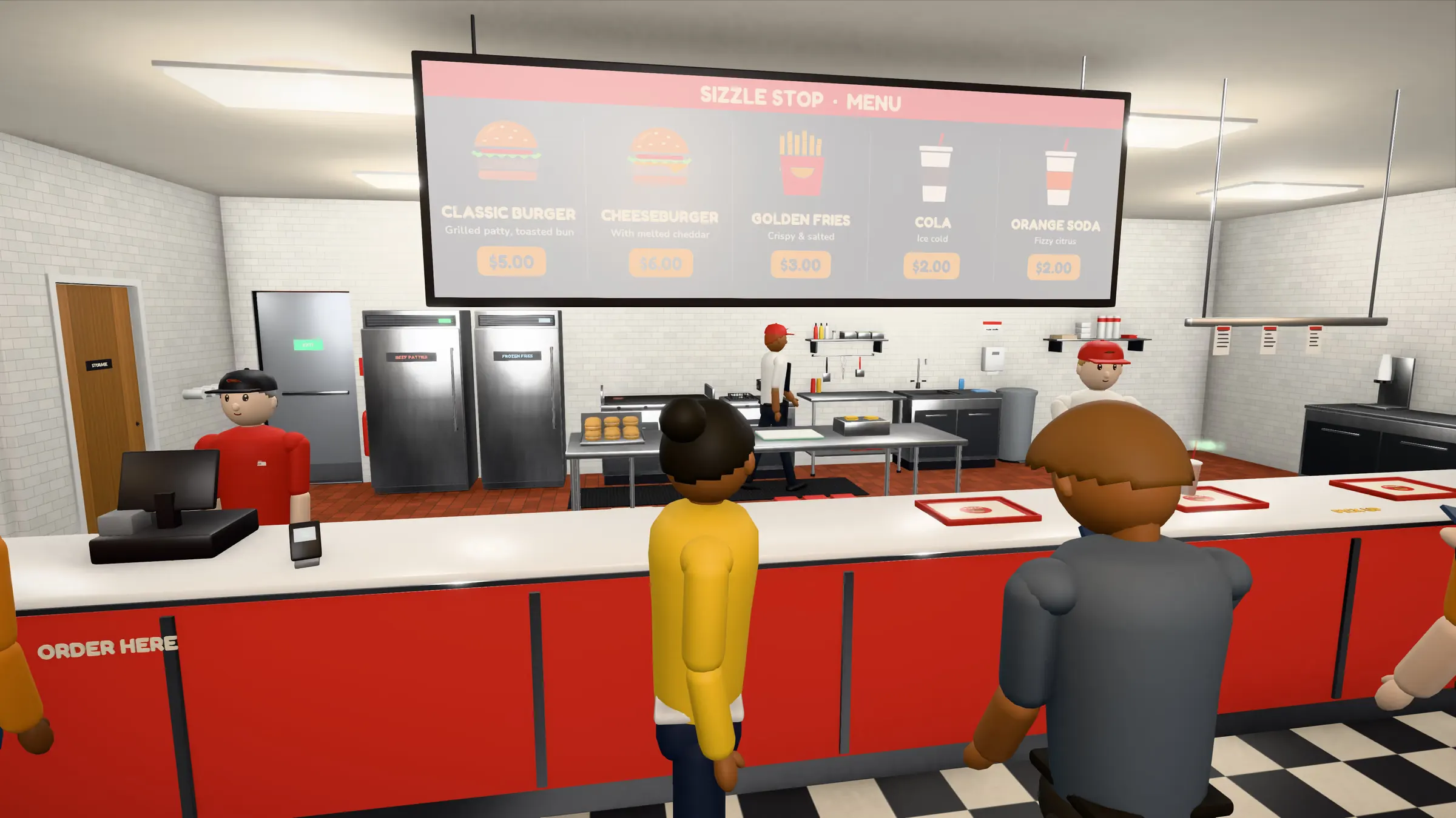 The order counter from the customer side: the menu board, the cashier, cooks working behind.