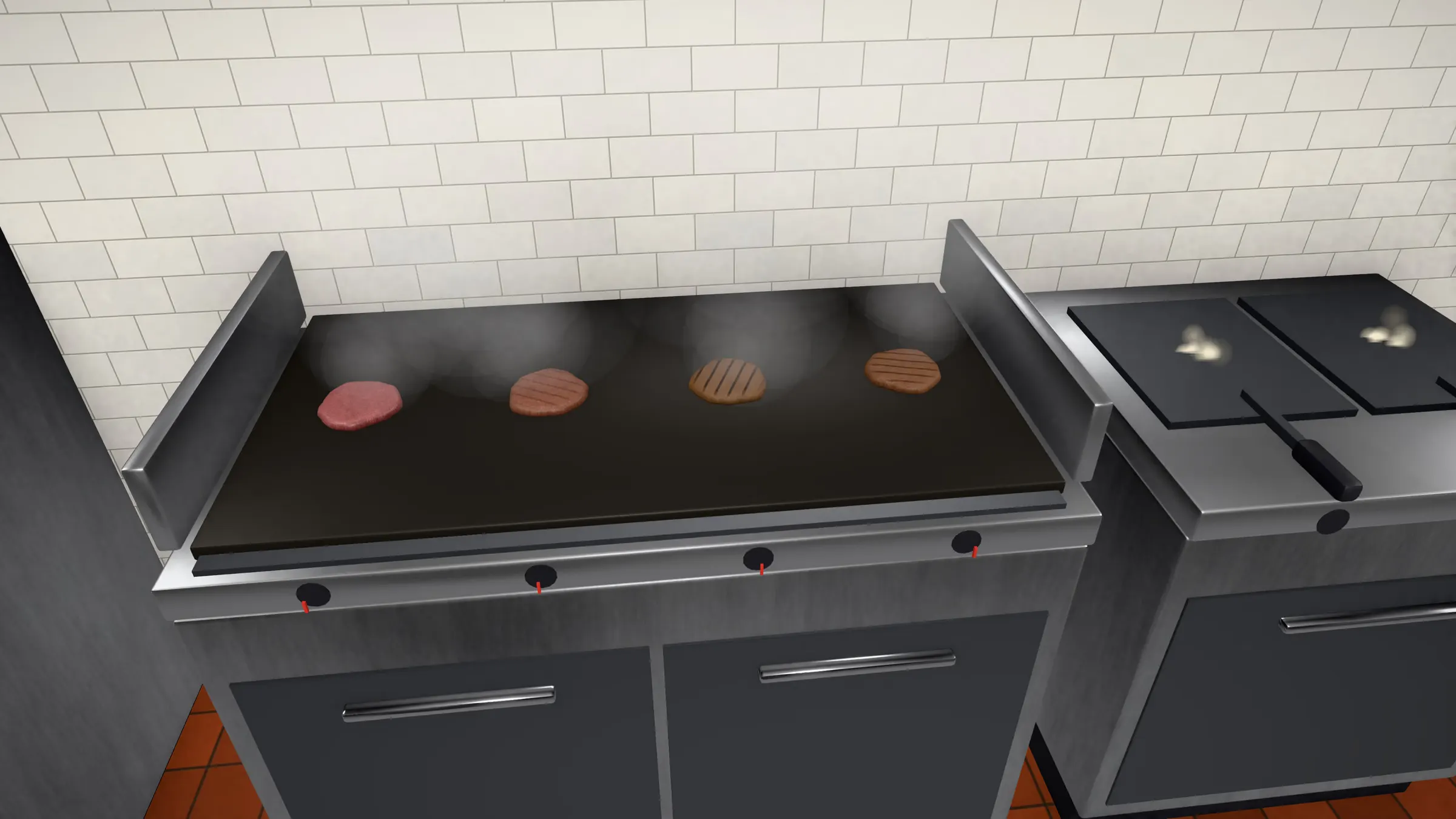Four patties on the grill at different stages of cooking, steam rising, two fryer baskets.