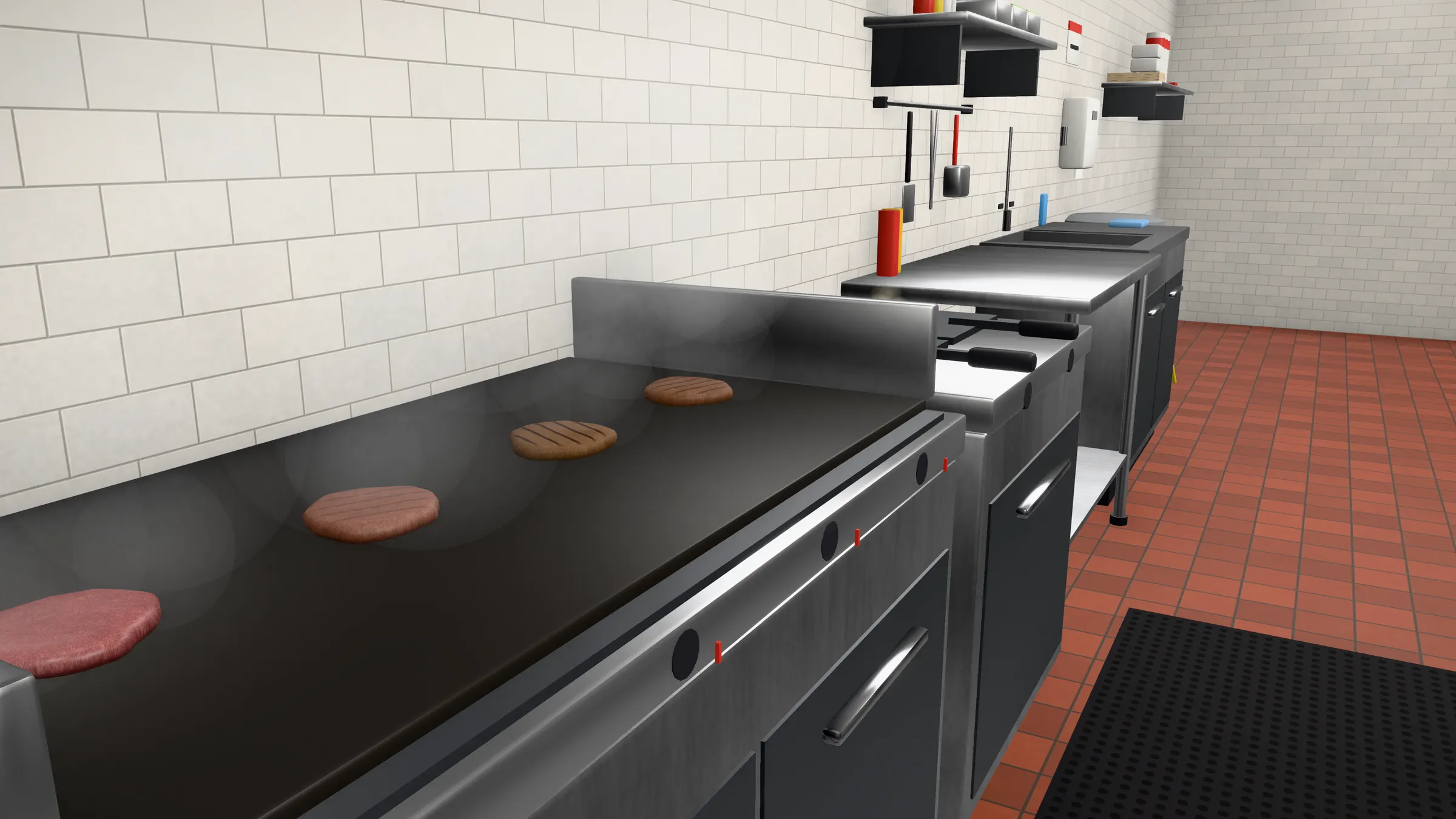 A low angle along the grill plate: patties at different stages, steam rising.