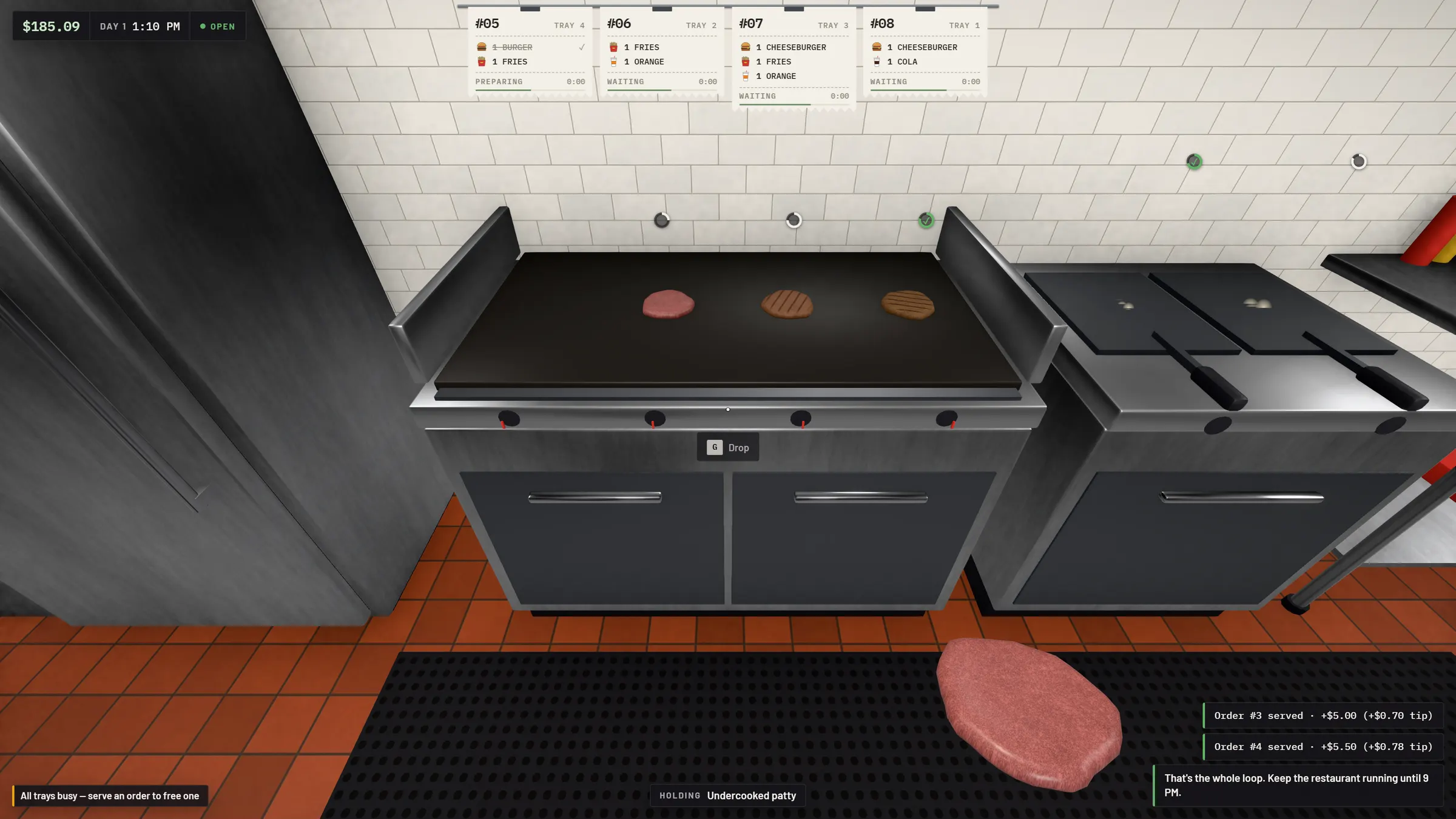 First-person at the grill holding a raw patty: order rail, cook-progress rings and the interaction prompt.
