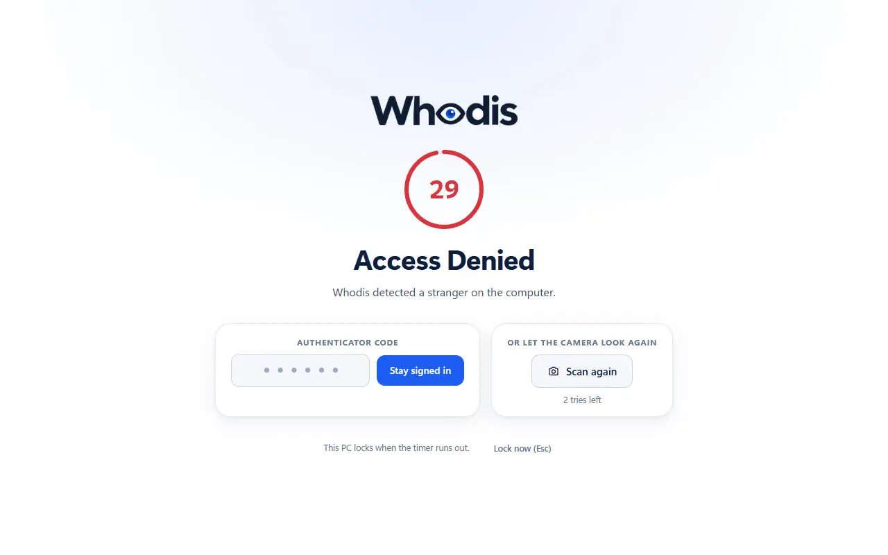 Whodis lock screen: Access Denied with a 29-second countdown, a six-digit authenticator field and a Scan again button.