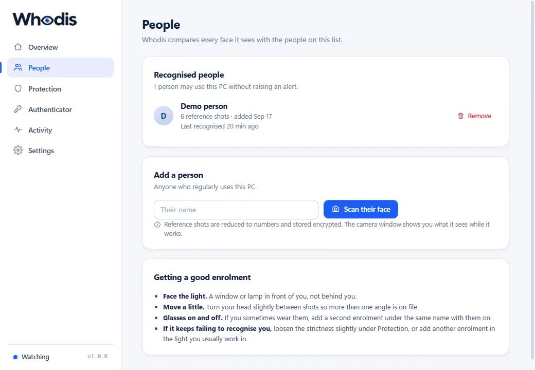 People screen: one recognised person, add a person by scanning their face, enrolment tips.