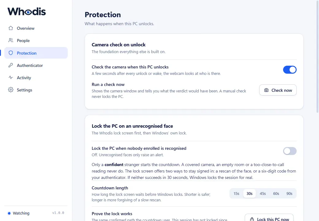 Protection settings: camera check on unlock, lock when nobody enrolled is recognised, countdown length.